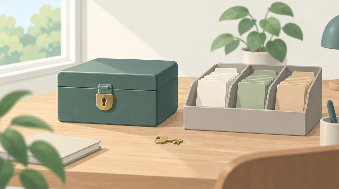 机の上で鍵のかかった金属の保管箱と、仕切りで分けられた書類トレイが並ぶ、落ち着いた保管の場面