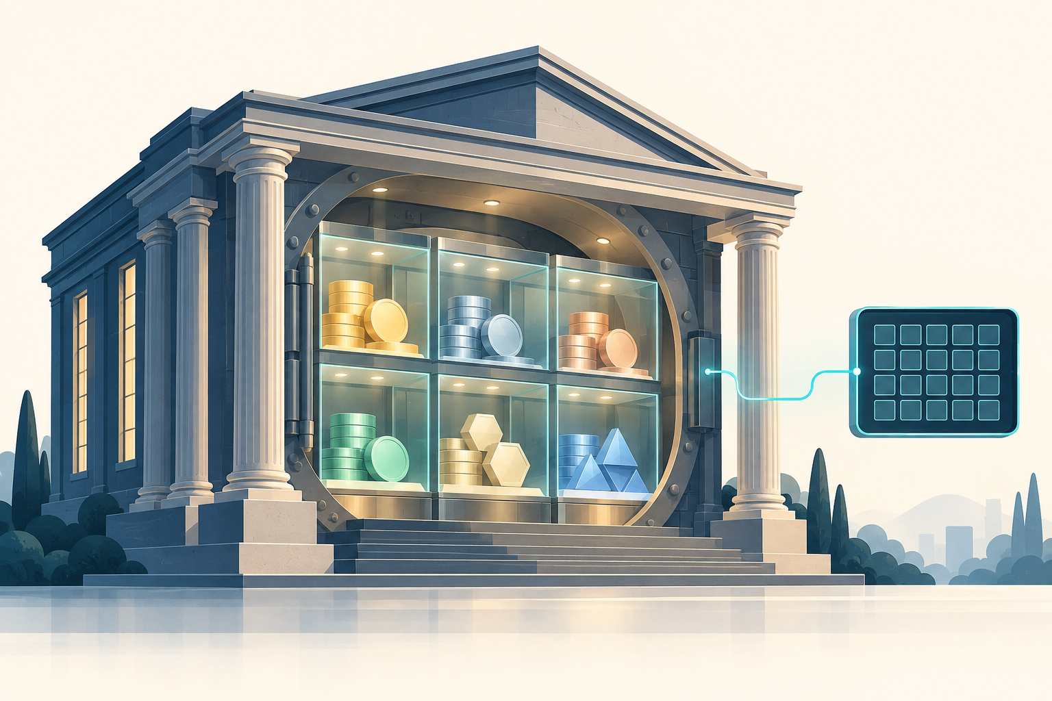 列柱のある金庫のような建物の中で、ガラスの仕切りごとにコインやトークンが分けて保管され、横のデジタル台帳パネルと光の線でつながっているイラスト